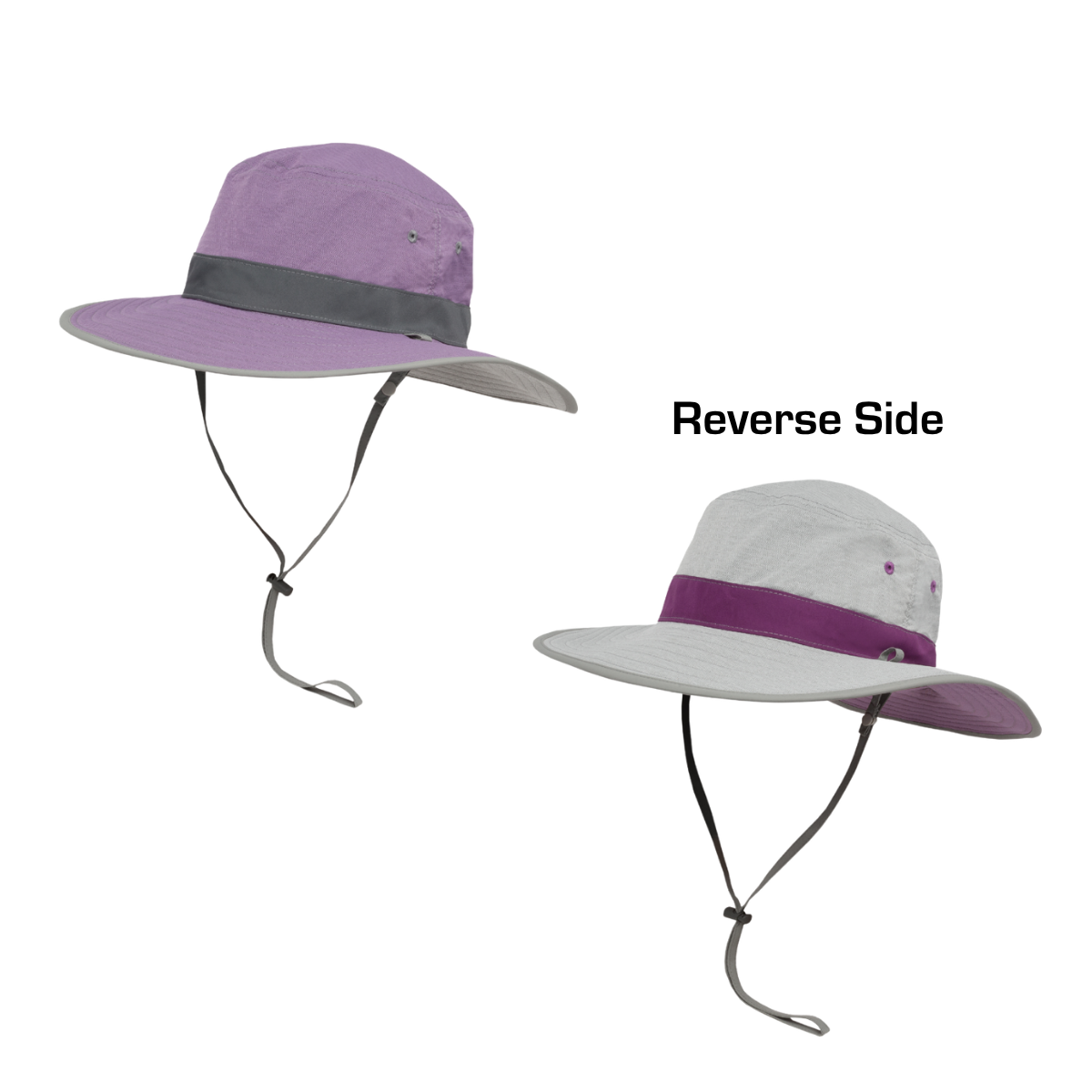 View shows both sides of a lavender and pale grey reversible hat with an eight-centimeter brim, that’s lightweight and can pack flat. It features a removable chin strap and adjustable sizing, is certified UPF 50+ and ships from New Zealand.